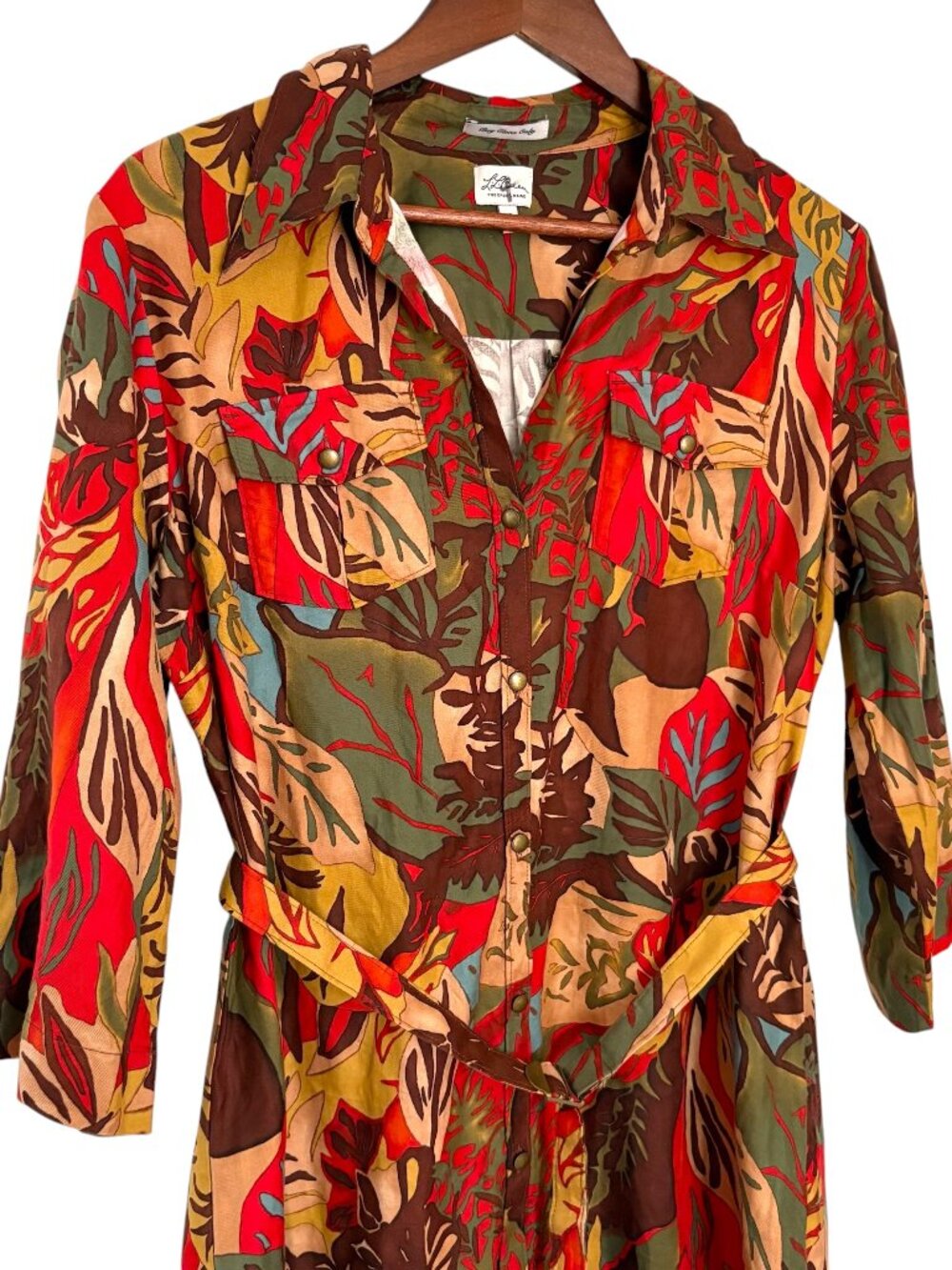 LL Bean Signature Belted Shirt Dress 14 Red Olive Green Tropical Leaf Silk Linen